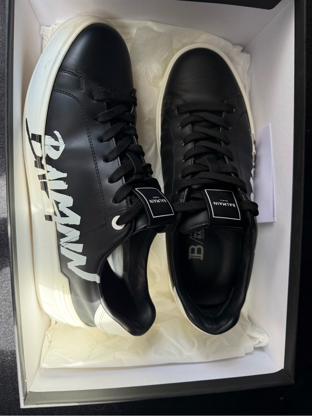 Balmain Black Leather Low-Top Sneakers with White Script Logo - Picture 5 of 6